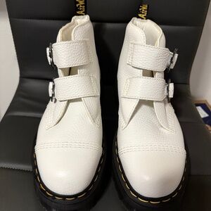 Dr Martin's White Devon Flower Buckle Leather Platform Boots